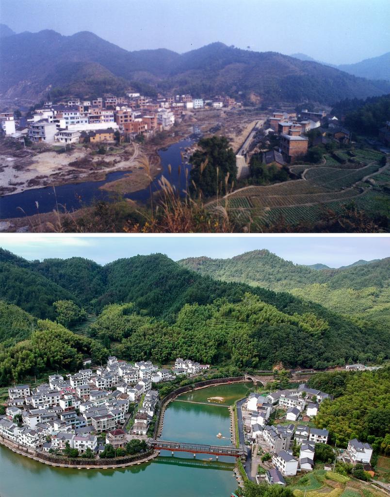 圖為浙江省杭州市淳安縣楓樹嶺鎮(zhèn)下姜村拼版圖，其中上圖為資料照片、下圖由新華社記者張鋮攝。